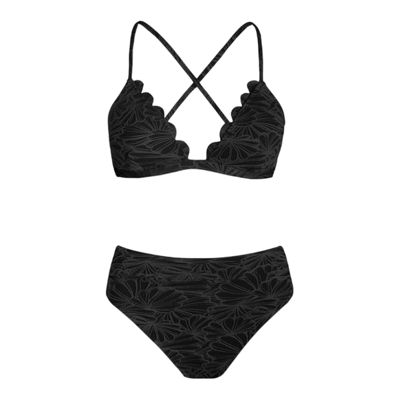 Cupshe Two Piece Swimwear Scalloped Vneck High Waisted Bralette Black Small - Picture 3 of 4